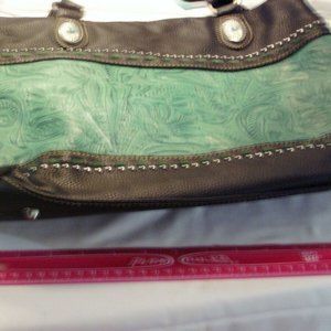 Shoulder Purse Teal and Black Tooled Leather Tote
